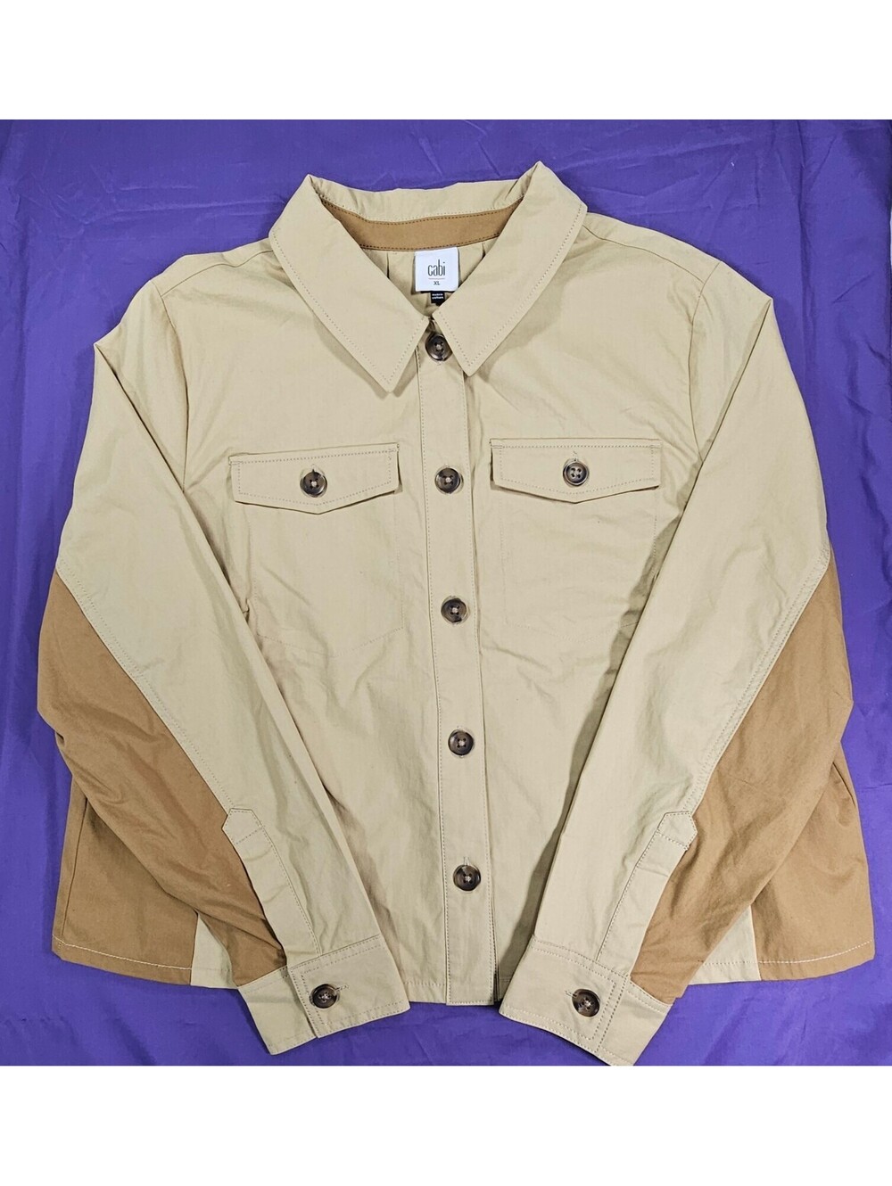 Cabi Womens XL Colorblock Utility Jacket Tan Camel Button Front Style 4301